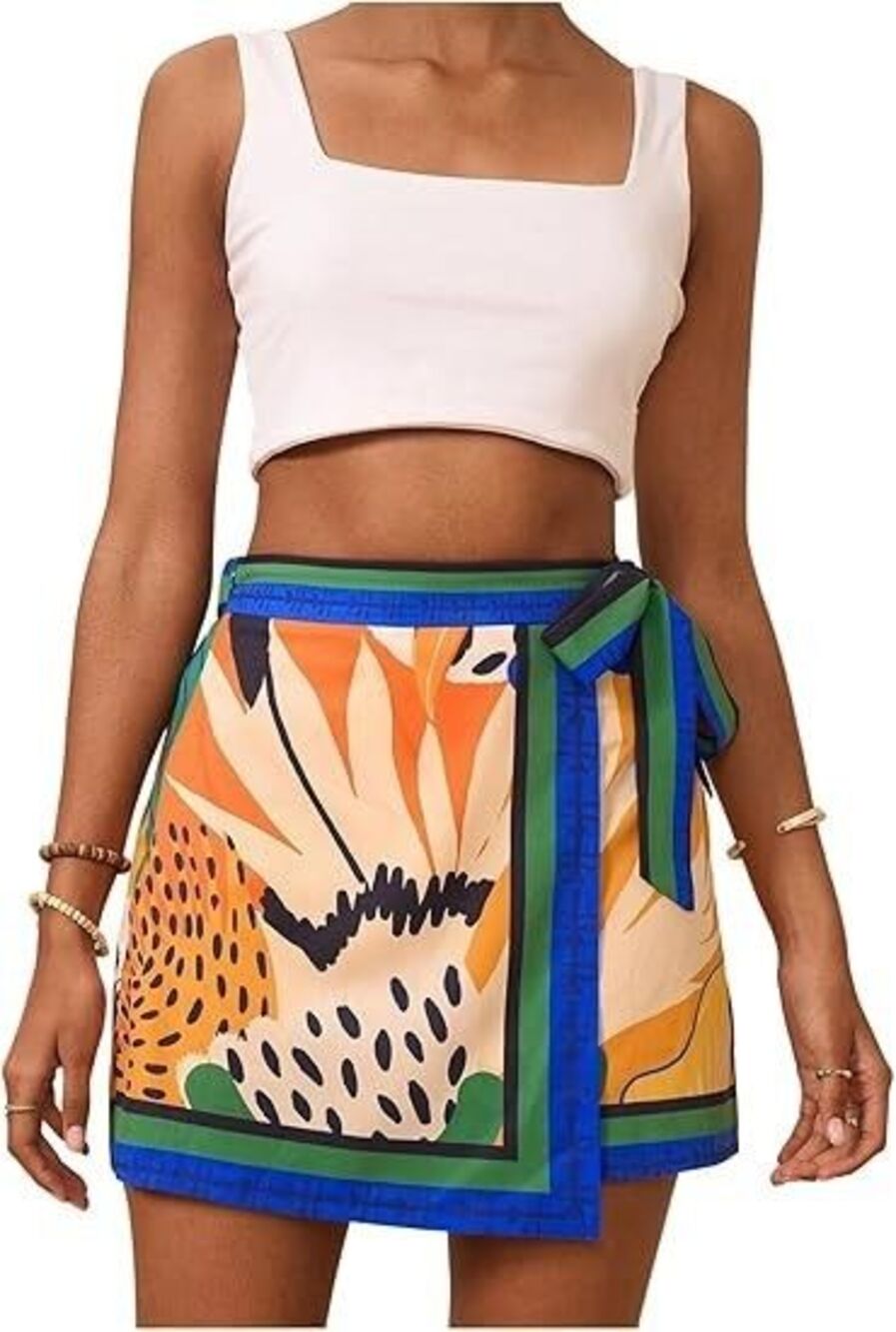 Floral Wrap Side Tie High Waist Contrast Mini Skirt A-Line Sexy Summer Skirt